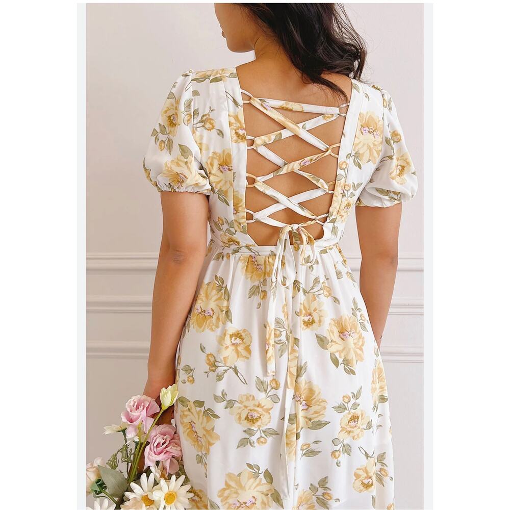 Cottagecore Milkmaid Lace-Up Corset Back Midi Dress Yellow Floral Puff Sleeve S